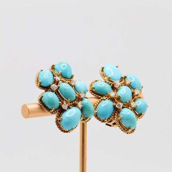 Vintage 18K Gold Family Heirloom Turquoise Diamond Clip On Earrings - Picture 2 of 16